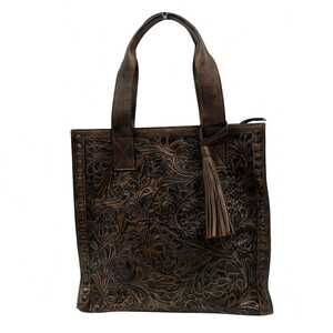 Alejandro Yeo Brown Leather Tasseled Tote Bag | Classic Floral Design